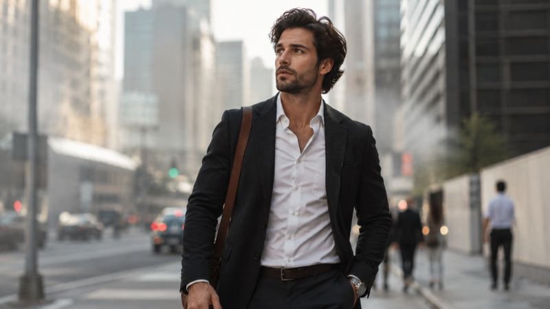 Urban man exposed to city pollution showing healthy skin protected through antioxidant skincare.
