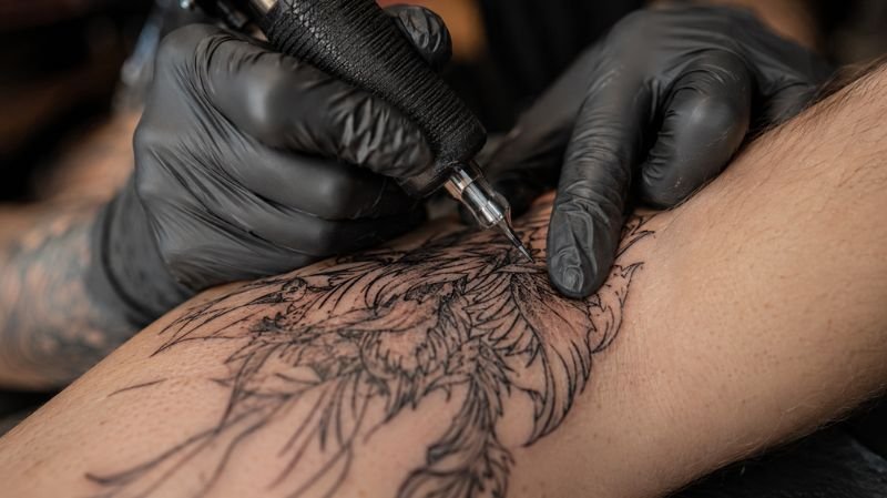 Professional tattoo artist creating precise fine line tattoo at correct skin depth