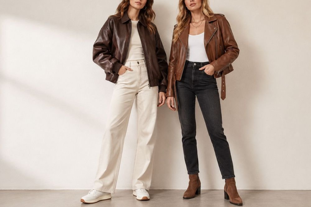Make Every Outfit Count With a Brown Leather Jacket for Women Two women wearing stylish brown leather jackets with casual white and black outfits in a modern minimalist studio.