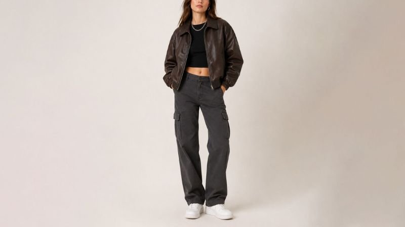 Make Every Outfit Count With a Brown Leather Jacket for Women Woman wearing a dark brown leather bomber jacket with a black crop top, charcoal cargo pants, and white sneakers for a casual street style outfit.