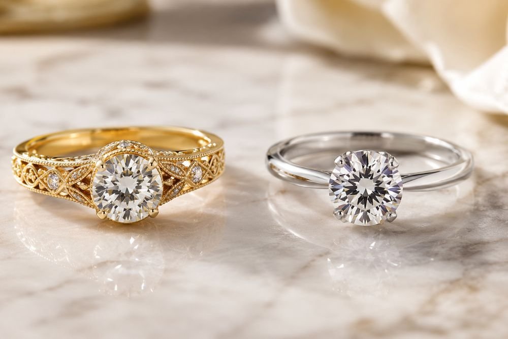 Vintage vs modern diamond engagement rings side by side showing different ring styles