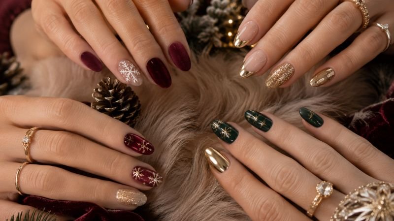 Popular Xmas nail patterns including velvet, chrome, snowflake and candy cane Christmas manicure styles