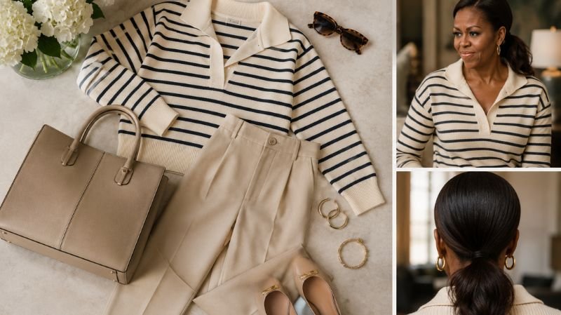 Michelle Obama’s Pigtails & Capri Pants: Fashion or Trend? Fashion breakdown showing capri pants, striped sweater, hairstyle, and accessories inspired by Michelle Obama's outfit