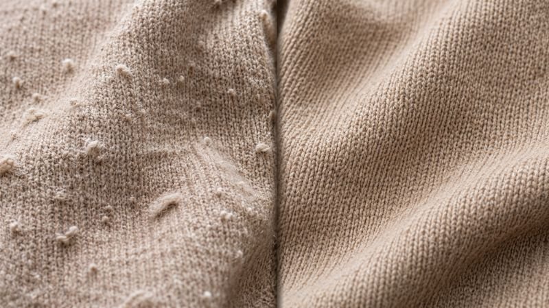 How to Remove Pilling from Clothes Without Damaging Fabric Close-up comparison of a sweater with fabric pills before and after removal