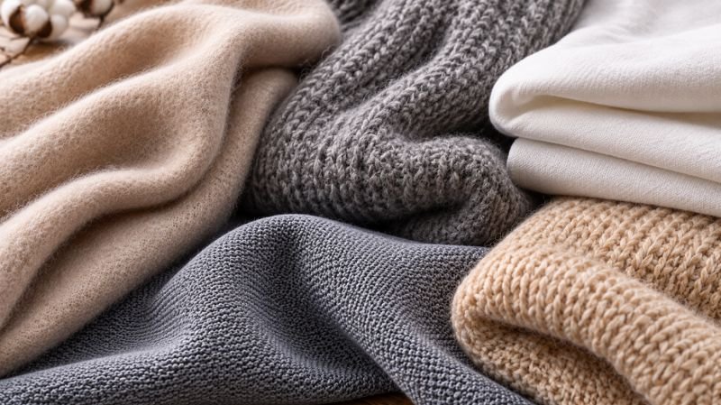 How to Remove Pilling from Clothes Without Damaging Fabric Different clothing fabrics including wool cotton polyester and cashmere textures