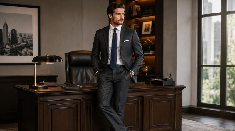 Dark Brown Shoes With Dark Grey Suit: Complete Style Rules White shirt navy tie dark grey suit brown shoes outfit
