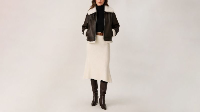 Make Every Outfit Count With a Brown Leather Jacket for Women Woman wearing a dark brown shearling leather jacket with a black turtleneck sweater, cream knit midi skirt, and brown knee-high boots for a chic winter outfit.