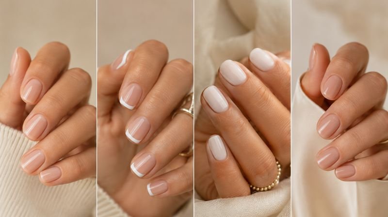 Cute minimalist short acrylic nails with nude and French tip designs
