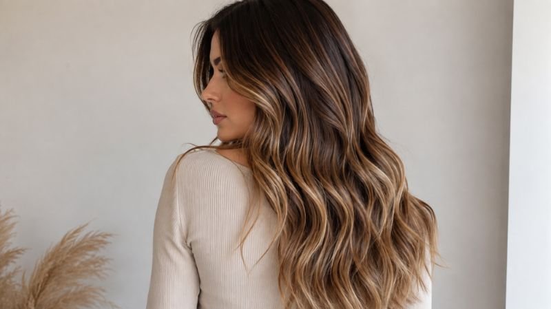 Light brown balayage and color melt with seamless darker roots and lighter ends