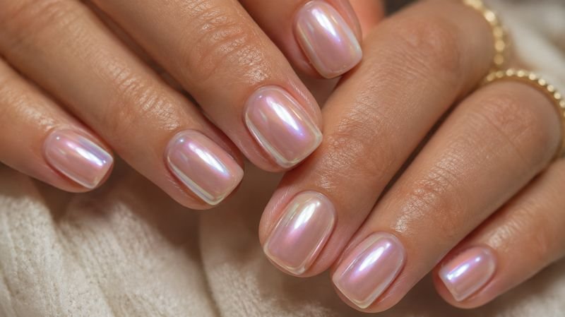 Short chrome acrylic nails with glazed donut manicure finish