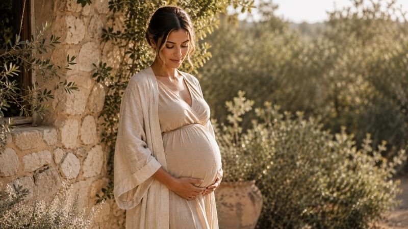 How to Style Your Maternity Photoshoot for a Timeless Look Pregnant woman in a neutral-toned maternity outfit outdoors