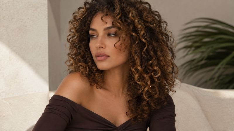 Light brown curly hair with strategically placed caramel and honey highlights