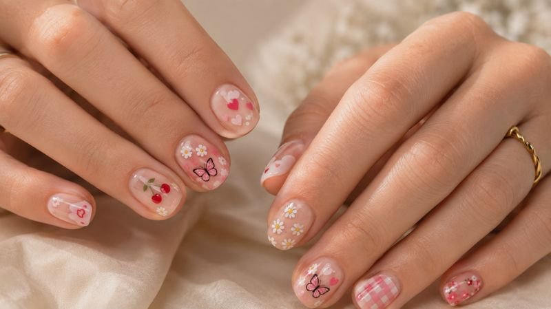 Cute short acrylic nails with floral heart cherry and butterfly nail art