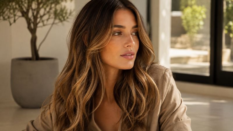 Dimensional light brown balayage with caramel, beige and honey highlights