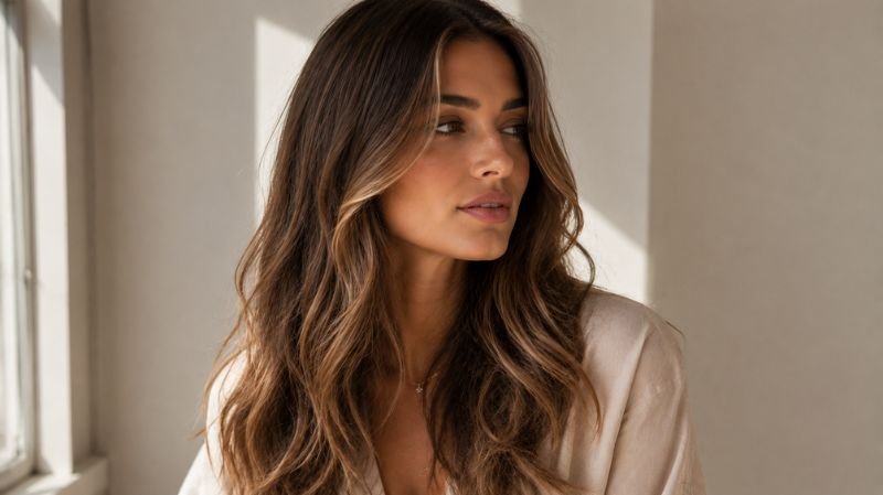 Natural-looking light brown hair with subtle root depth and tonal variation