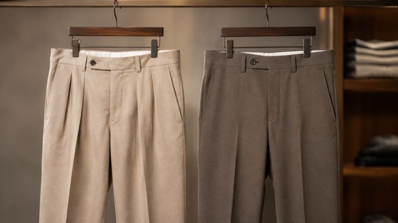 What Are Pleated Pants? Benefits, Styling and Outfit Ideas Pleated trousers and flat-front trousers displayed side by side for style comparison.