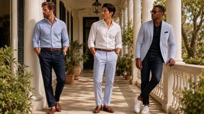 Men styling seersucker shirts trousers and blazers with simple basics