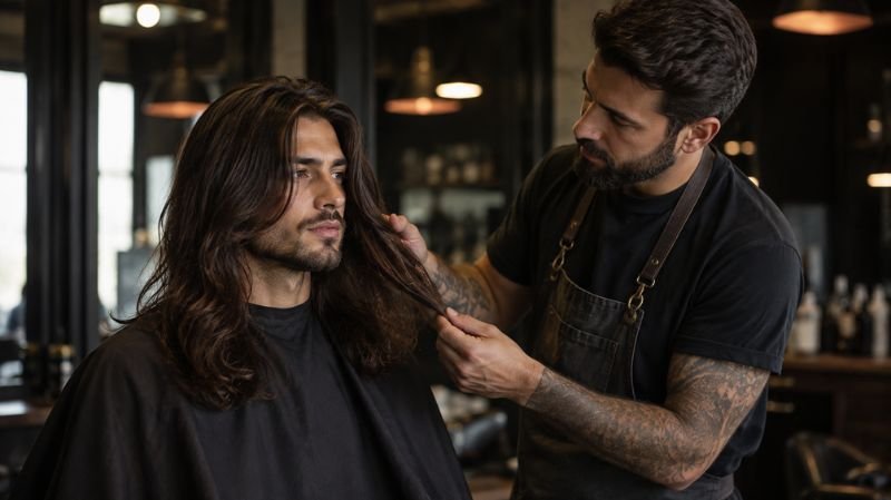 Man discussing a long layered haircut with a barber