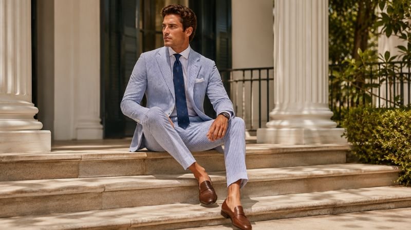 Man wearing a tailored blue and white seersucker suit with brown loafers