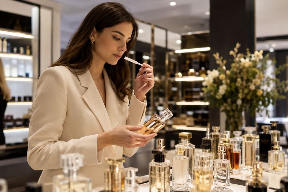 Comparing multiple perfumes during a shopping trip