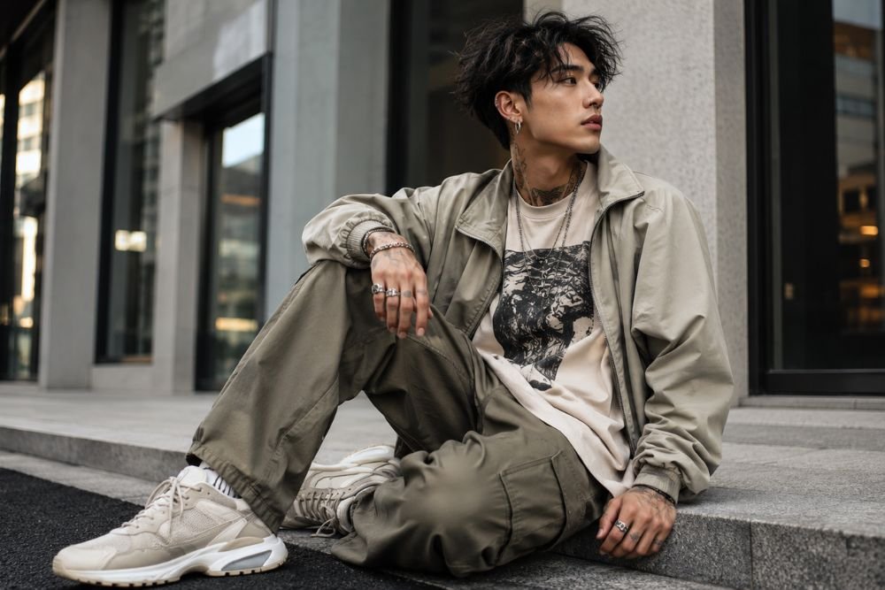 Contemporary streetwear outfit with piercing jewelry