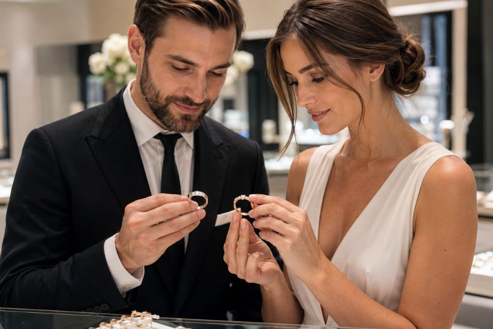 New generation couple choosing modern wedding rings in different metals and styles
