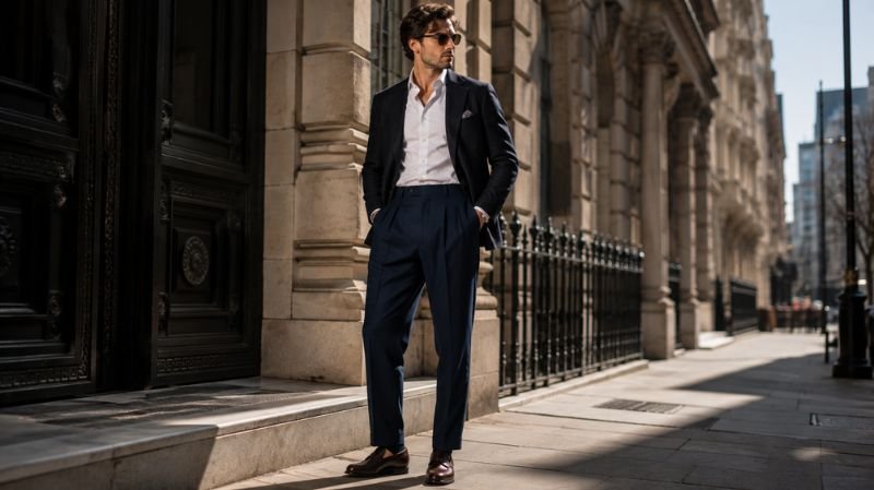 What Are Pleated Pants? Benefits, Styling and Outfit Ideas Man wearing navy pleated trousers with an Oxford shirt and brown loafers.