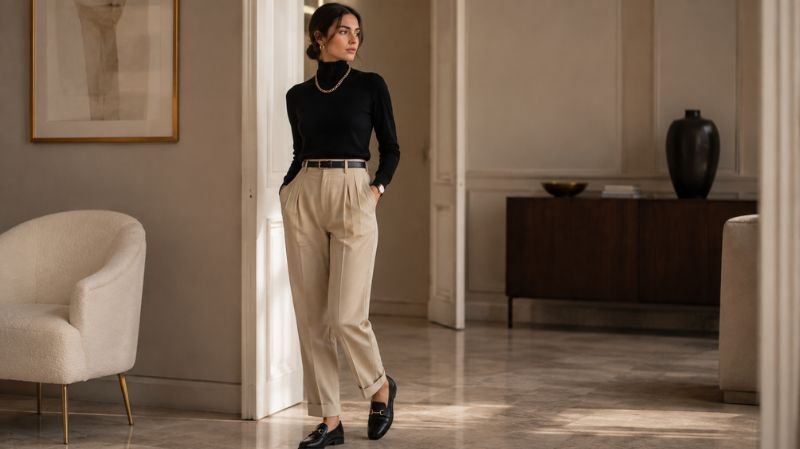 What Are Pleated Pants? Benefits, Styling and Outfit Ideas Woman wearing high-waisted beige pleated pants with a fitted black turtleneck.