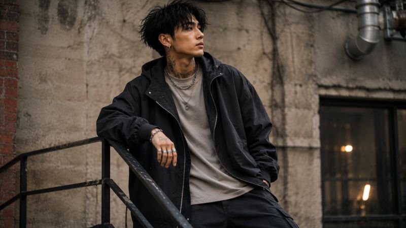 Layered streetwear with coordinated piercing jewelry