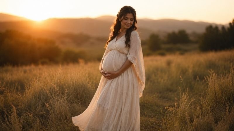 How to Style Your Maternity Photoshoot for a Timeless Look Pregnant woman photographed during golden hour maternity session