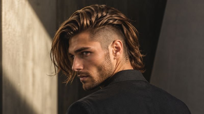 Men’s long layered hair with an undercut