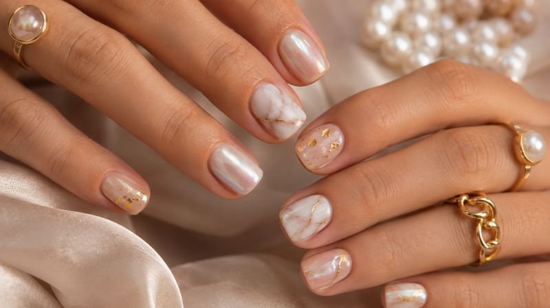 Luxury short acrylic nails with pearl marble and gold foil designs