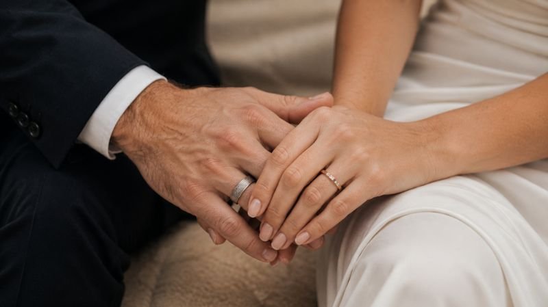 Couple wearing different wedding rings that reflect their individual styles