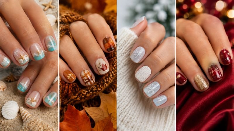 Seasonal short acrylic nail designs for summer winter and holidays
