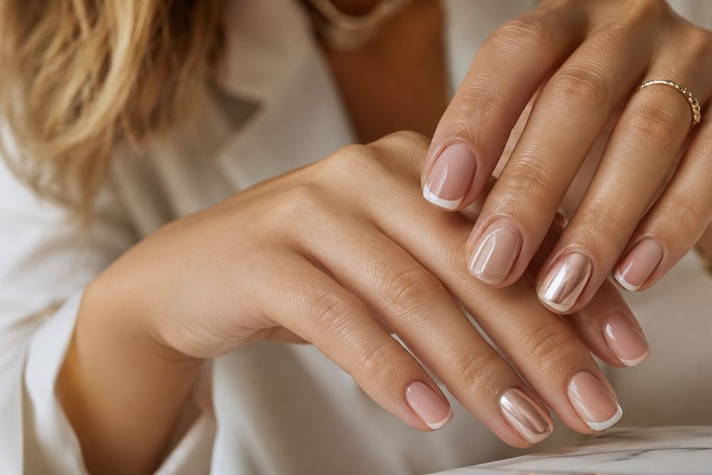 Short acrylic nails with elegant nude and chrome manicure designs