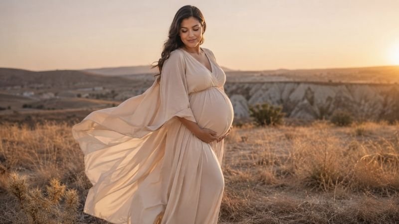 How to Style Your Maternity Photoshoot for a Timeless Look Pregnant woman wearing a flowing neutral maxi dress for maternity photos