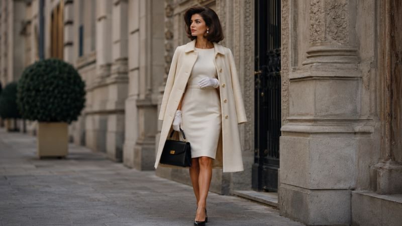 Modern Jackie Kennedy-inspired outfit with a structured coat and elegant accessories