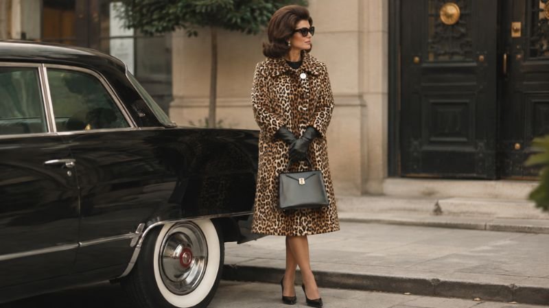 Jackie Kennedy-inspired leopard coat and 1960s fashion styling