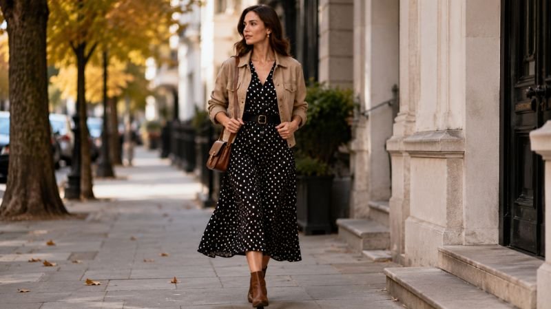 Polka dot dress styled with seasonal layers