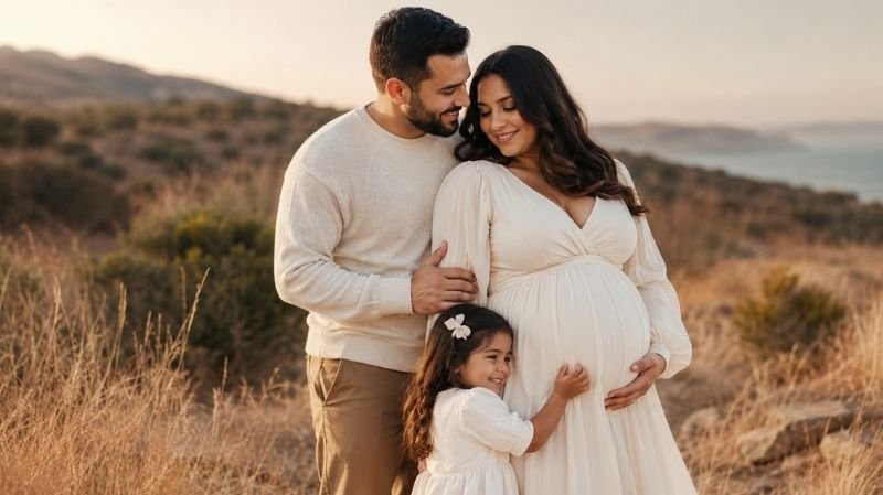 How to Style Your Maternity Photoshoot for a Timeless Look Timeless maternity portrait with pregnant woman and family
