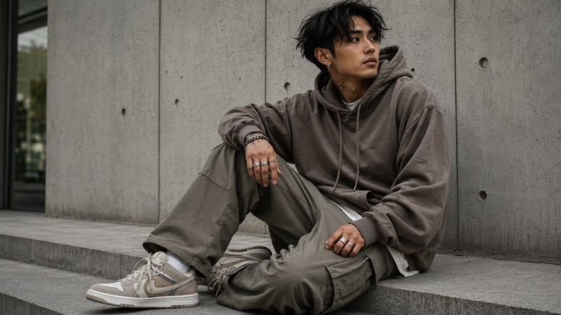 Streetwear outfit with minimalist piercing accessories