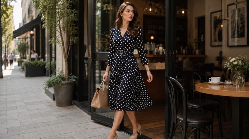 Polka dot dress styled for casual and polished occasions