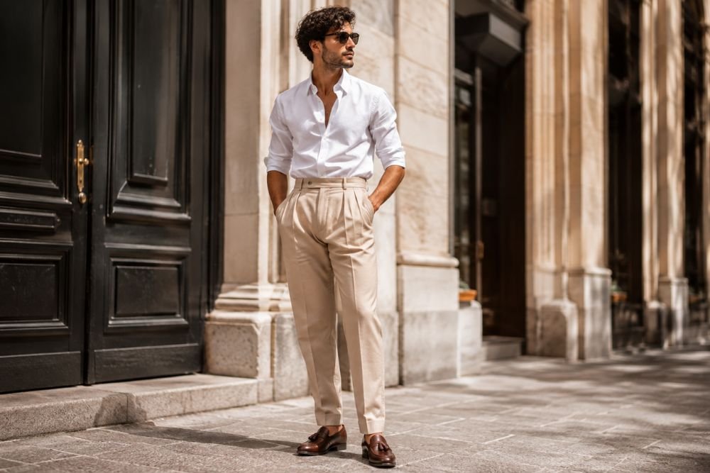 What Are Pleated Pants? Benefits, Styling and Outfit Ideas Man wearing modern beige pleated pants styled with a white shirt and loafers in a luxury urban setting.