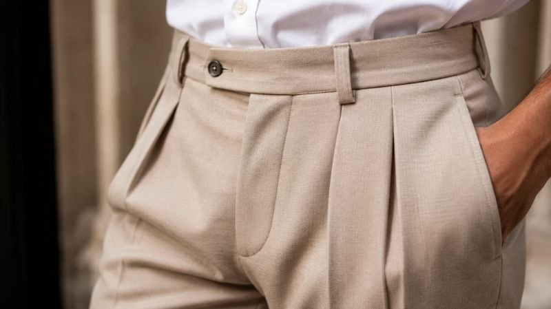 What Are Pleated Pants? Benefits, Styling and Outfit Ideas Close-up view of pleated pants waistband showing front pleats and tailored construction.