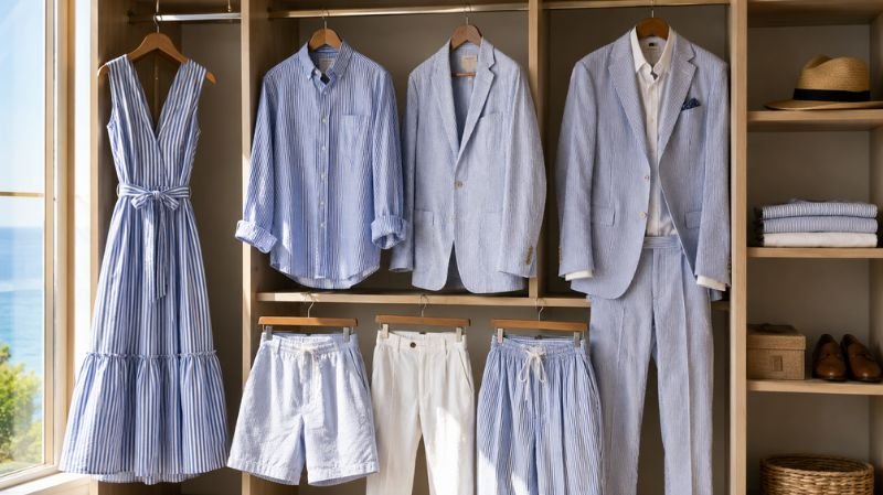 Seersucker summer wardrobe with shirts dresses trousers jackets and suits
