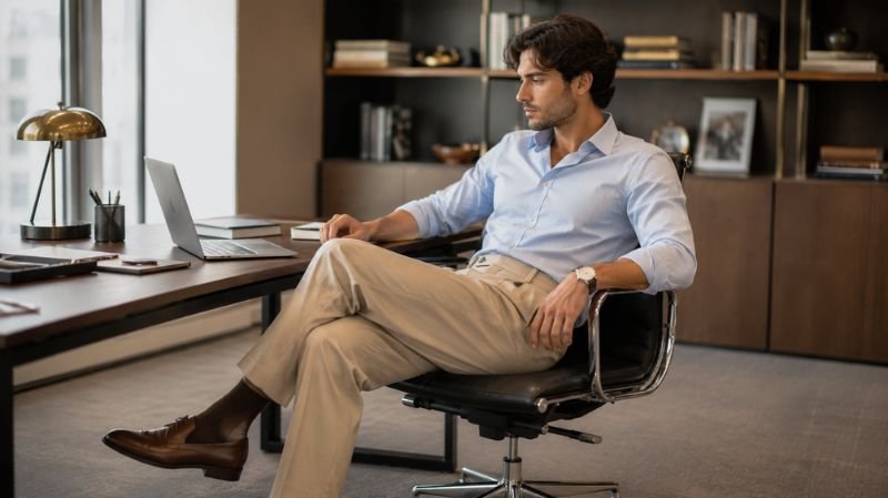 What Are Pleated Pants? Benefits, Styling and Outfit Ideas Person sitting comfortably while wearing tailored pleated trousers in an office.
