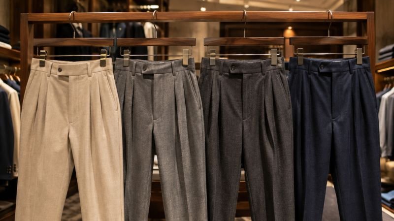 What Are Pleated Pants? Benefits, Styling and Outfit Ideas Single pleat and double pleat trousers displayed on clothing racks.