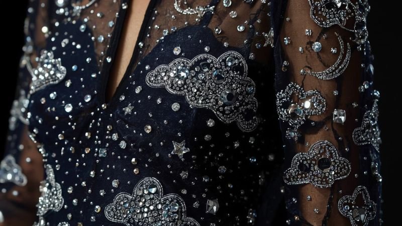 Celestial moon star and cloud embellishment on Clio Peppiatt dress