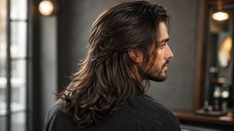 Men’s long layered haircut showing different hair lengths