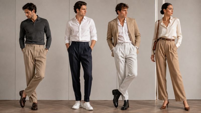 What Are Pleated Pants? Benefits, Styling and Outfit Ideas Pleated trousers styled with loafers, white sneakers, Chelsea boots, and heels.